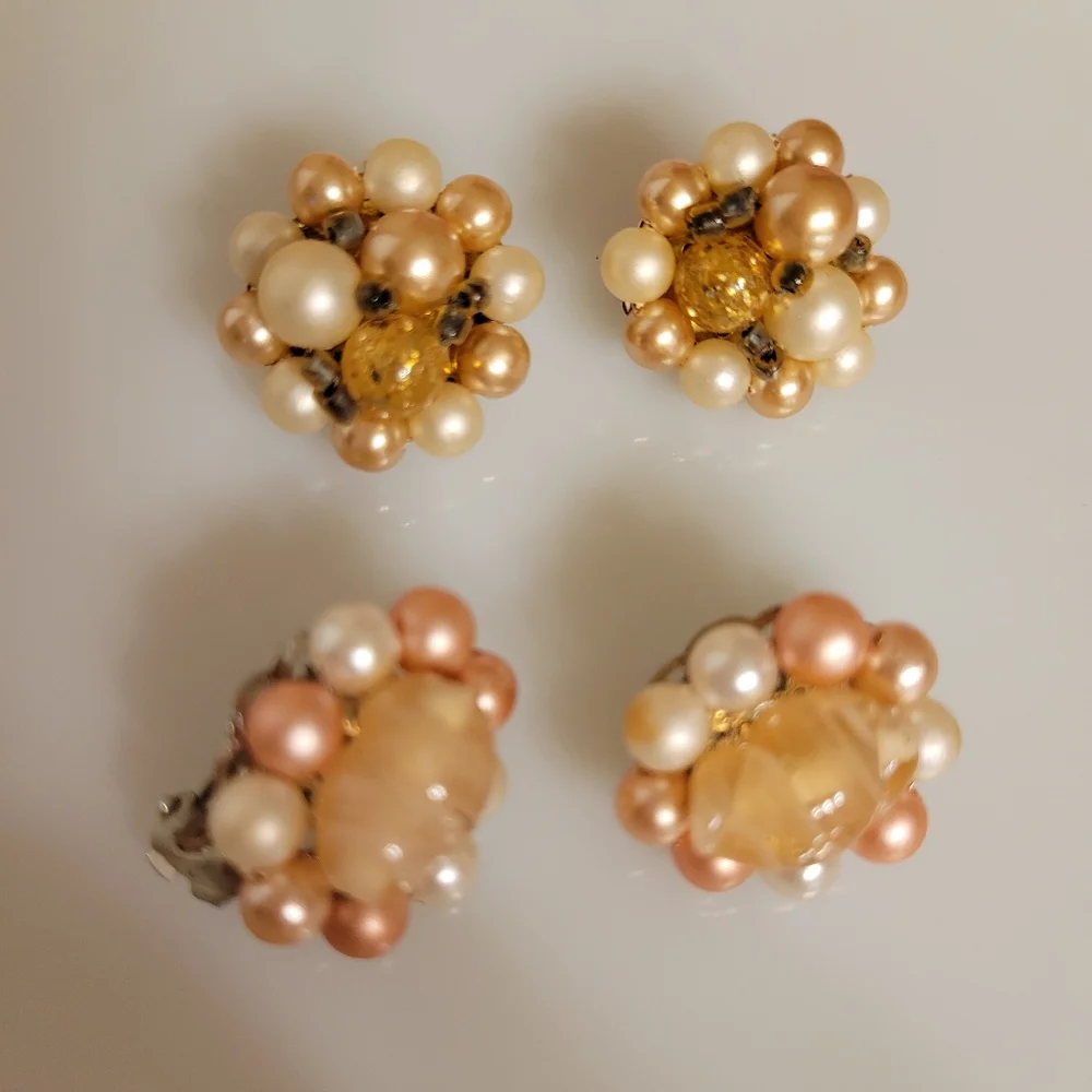 2 Pairs Vintage Clip-On Beaded Earrings ~ MCM ~ Japan ~ 1950s ~ Pretty!